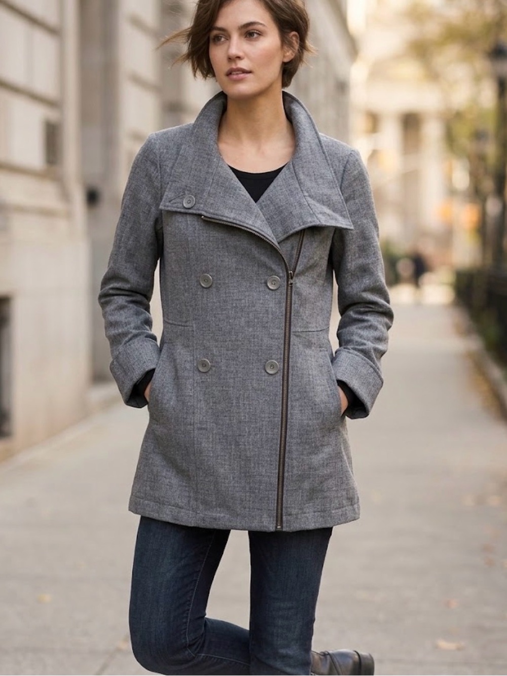 Prana Sutherland Asymmetrical Zip Coat Heather Gray Double Breasted Jacket L